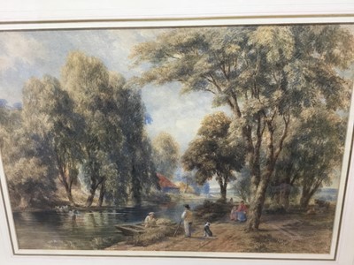 Lot 220 - Richard Horwell Woodman, late 19th century watercolour - figures on a riverside track, 37cm x 53cm, in glazed gilt frame