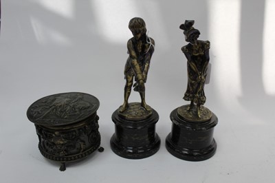 Lot 2433 - Pair of figures on serpentine bases together with a circular casket