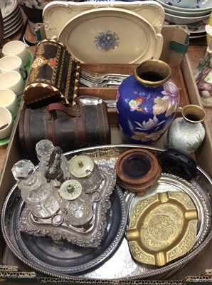 Lot 468 - Silver plated oval trays, cruet set, cutlery, two cloisonné vases, inlaid wooden box and other items