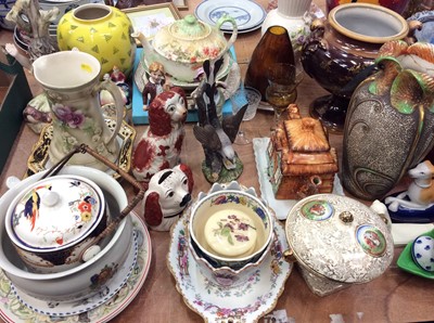 Lot 469 - Group decorative ceramics inlcuding large vases, teapots, Staffordshire style dog ornaments and large ruby glass bowl