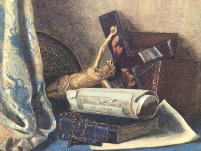 Lot 219 - Edwardian English School watercolour - still life of religious artefacts, 38cm x 54cm, in gilt frame