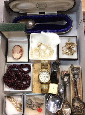 Lot 712 - Costume jewellery including 9ct gold mounted cameo brooch, two wristwatches, silver teaspoon in fitted case and other plated spoons