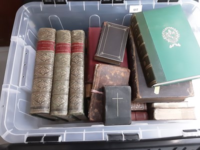 Lot 617 - One box of antique and leather bound books to include several bibles and three volumes - The Works of Shakespeare