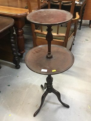 Lot 1027 - Georgian style two tier wine table on tripod base and mahogany Demi lune side table with drawer 100 cm (2)