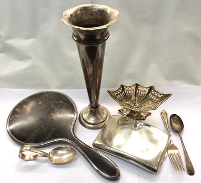 Lot 720 - Group silver items to include a spill vase, cigarette case, pierced bon bon dish, flatware, tortoiseshell hand mirror and two Eastern white metal small round dishes