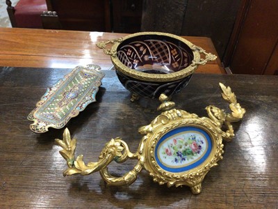 Lot 129 - 19th century Sevres-style and ormolu clock mount, a champleve enamel dish, and a Bohemian cut glass and mounted bowl (3)