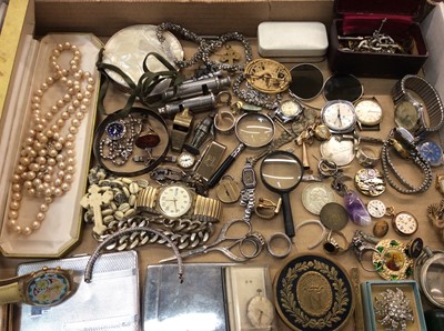 Lot 721 - Group jewellery and bijouterie including Georgian seal fob, silver mounted glass perfume bottle, wristwatches, old whistles, cigarette case, Victorian jewellery box and sundries
