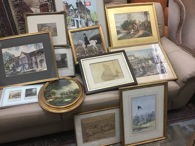 Lot 566 - Collection of watercolours, prints and sundry pictures to include a watercolour after Birkett Foster.