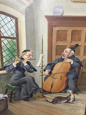 Lot 26 - A. Schneider, pair of oils on board - Monks in interiors playing musical instruments and reading, signed, 70cm x 50cm, in oak frames