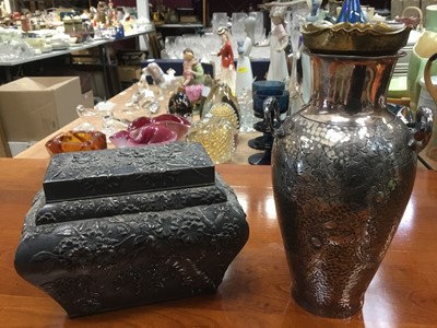Lot 324 - Antique Japanese silver plated teacaddy with relief cast blossom design and an Edwardian silver plated vase