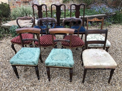 Lot 1041 - An assortment of twelve Georgian, Victorian and Edwardian dining chairs to include a pair of rosewood bar back chairs