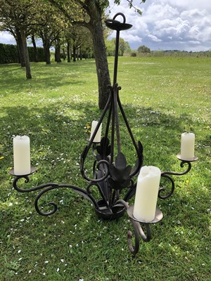 Lot 1045 - Large wrought iron hanging chandelier with scroll supports, approximately 112cm high x 110cm wide