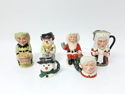 Lot 5 - Six Royal Doulten character jugs - Leprechaun D6948, The Clown D6935, father Christmas D6940, Mrs Claus D6922 and Snowman D6972, some with certificates