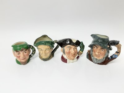 Lot 7 - Seven Royal  Doulton character jugs - Rip Van Winkle D6463, Mine Host, Auld Mac, The Falconer D6547, Elf D6942, John Barley corn Old Lad D5327 and old King Cole D6 871 plus Doulton teapot - Old Sal...