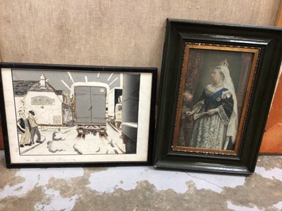 Lot 582 - Framed print of Queen Victoria, and a framed cartoon of local interest