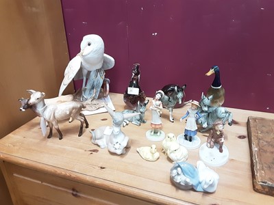 Lot 568 - Franklin Mint model of a barn owl, Beswick deer and cow, Lladro Donkey, Wedgwood glass duck and swan and other items