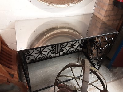 Lot 386 - Stylish wrought iron console table with gilt decoration and polished alloy top 107 cm wide, 51 cm deep, 78 cm high