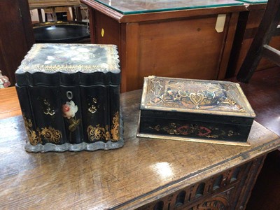 Lot 585 - Victorian lacquered caddy with painted and inlaid mother of pearl decoration, and a further 19th century lacquered box with Moorish design (2)