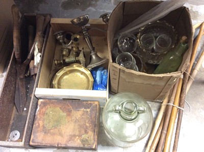 Lot 362 - Group walking sticks, metal items, old tools and glassware
