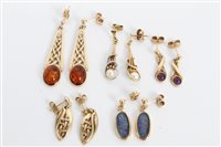 Lot 3254 - Five pairs gold (9ct) gem set earrings