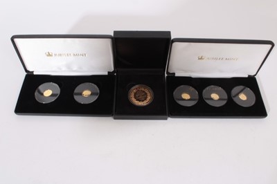 Lot 417 - Tristian Da Cunha - The Jubilee Mint issued 9 Carat Gold sets to include Queen Elizabeth II Sapphire Three Coin Set 2017, The Princess Diana Two Coin Set (N.B. each coin weighs 1gm total 5gm) ...