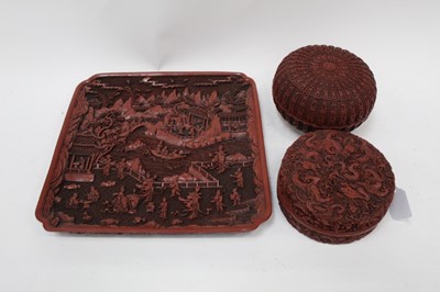 Lot 2452 - Two interesting red lacquer boxes, made in the Chinese style but with marks for the Herbig-Haarhus Lackmuseum, together with a similar tray, probably also European imitation of Chinese lacquer (3)