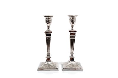 Lot 310 - Pair late Victorian Elkington Plate Adam Neoclassical style candlesticks