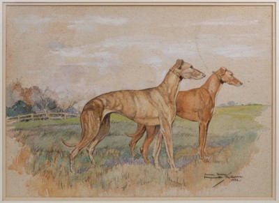 Lot 1036 - Molly Maurice Latham (c.1900-1987) watercolour - two greyhounds in landscape, signed, in glazed frame