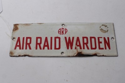 Lot 710 - Second World War A.R.P. Air Raid Warden enamel door plaque with red lettering, approximately 23 x 8.5cm