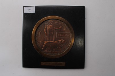 Lot 702 - First World War Memorial (Death) plaque named to Helenus George Sheridan Delepine, mounted in glazed frame.  
N.B. Second Lieutenant Delepine died on 17th April 1915, aged 27 years