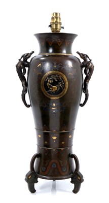 Lot 851 - Fine quality late 19th / early 20th Japanese bronze and metal inlaid vase converted to a lamp