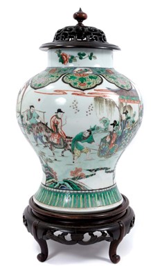 Lot 100 - Fine Chinese famille verte baluster jar with hardwood cover and stand