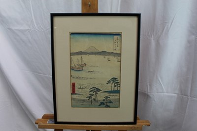 Lot 1241 - Hiroshige woodblock prints, views of Kurodo Bay in Kazua Province, Plumpark in Kameido and Nissake view from Soyonon Kyame 
Provenance: purchased by the vendors late parents in Kyoto 1952