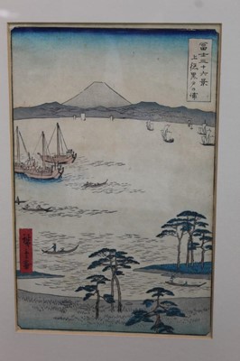 Lot 1241 - Hiroshige woodblock prints, views of Kurodo Bay in Kazua Province, Plumpark in Kameido and Nissake view from Soyonon Kyame 
Provenance: purchased by the vendors late parents in Kyoto 1952