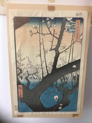 Lot 1241 - Hiroshige woodblock prints, views of Kurodo Bay in Kazua Province, Plumpark in Kameido and Nissake view from Soyonon Kyame 
Provenance: purchased by the vendors late parents in Kyoto 1952