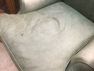 Lot 1415 - Good quality Howard & Sons low armchair, upholstered in blue/green leather with loose seat, on carved cabriole legs and claw and ball feet terminating on brass castors, the rear leg stamped 1238. 2...