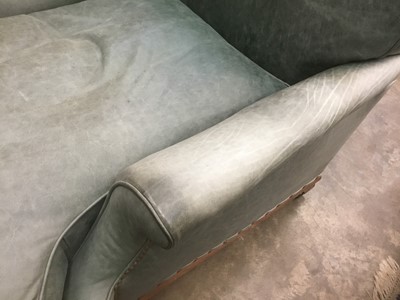 Lot 1415 - Good quality Howard & Sons low armchair, upholstered in blue/green leather with loose seat, on carved cabriole legs and claw and ball feet terminating on brass castors, the rear leg stamped 1238. 2...