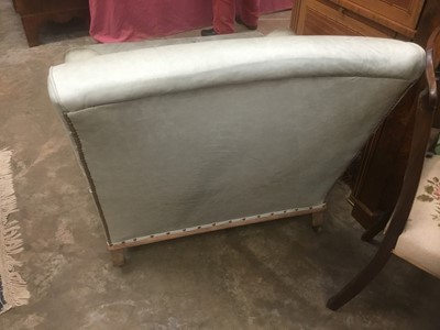 Lot 1415 - Good quality Howard & Sons low armchair, upholstered in blue/green leather with loose seat, on carved cabriole legs and claw and ball feet terminating on brass castors, the rear leg stamped 1238. 2...