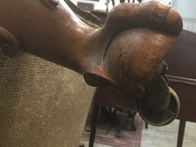 Lot 1415 - Good quality Howard & Sons low armchair, upholstered in blue/green leather with loose seat, on carved cabriole legs and claw and ball feet terminating on brass castors, the rear leg stamped 1238. 2...