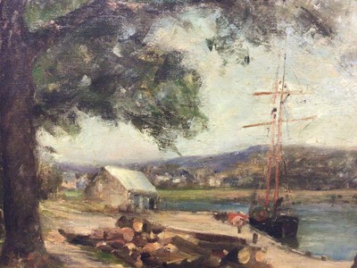 Lot 12 - Manner of Harold Harvey oil on canvas, Harbout scene