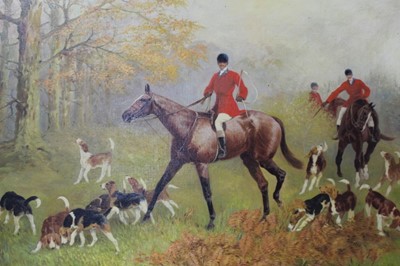 Lot 1171 - Edith Alice Simkins (1870-1949) oil on canvas, pair of hunting scenes 
NB these may be two works exhibited with the Ipswich Art Club - In 1942 'The Gay Sound of the Horn and the Hound', in 1943 an...