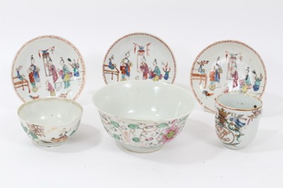 Lot 114 - Small collection of 18th century Chinese famille rose porcelain, including three saucers, a tea bowl, an armorial cup and a further bowl (6)