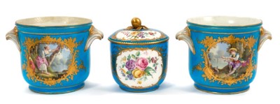 Lot 127 - Pair of 19th century Sèvres bleu celeste planters, painted with panels containing figures and emblems of music, together with a similar sucrier and cover painted with cherubs and flowers