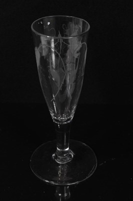 Lot 132 - Seven Georgian drinking glasses, including an air twist stem glass, three plain stem, two faceted stem  and one with an etched bowl, 12cm to 18.5cm high