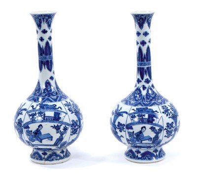 Lot 152 - Pair of Chinese blue and white porcelain bottle vases, Kangxi style but 19th/20th century, decorated with panels of figures and precious objects, double-ring marks, 27cm high