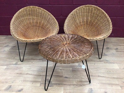 Lot 361 - Pair of rattan chairs on metal legs and a similar occasional table