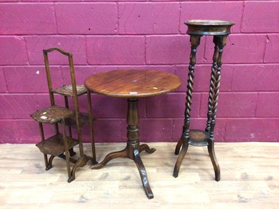 Lot 301 - Georgian mahogany tilt top wine table, oak two tier torchere with spiral twist supports and an oak folding cake stand
