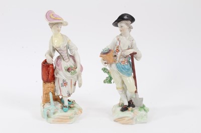Lot 159 - Pair of Derby figures of gardeners, c.1800, emblematic of water and earth, the man holding a spade and potted plant, the woman resting her watering can on a fountain, 19cm high