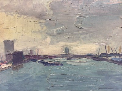 Lot 22 - English School 20th century, oil on canvas - London Dockland scene, signed JB, framed