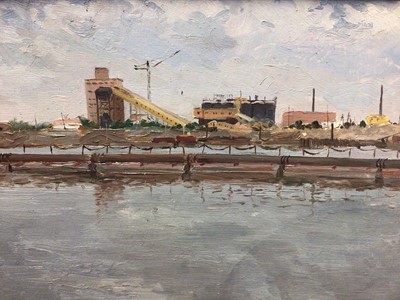 Lot 17 - Vladimir Sosnovski (1921-1990) oil on canvas laid onto board, industrial landscape